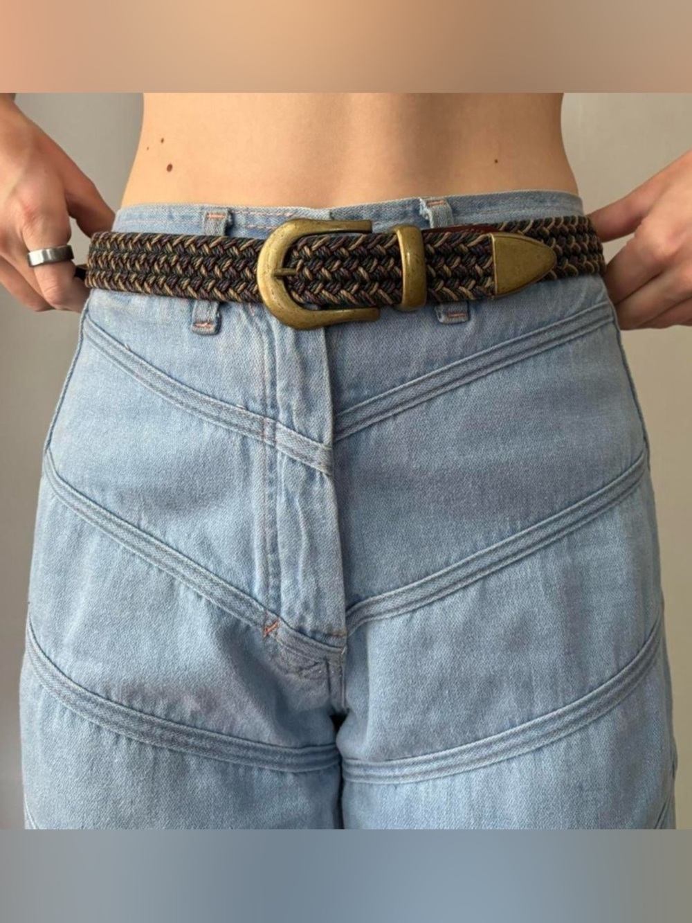 Vintage 90s brown jewel tone woven belt with brass details